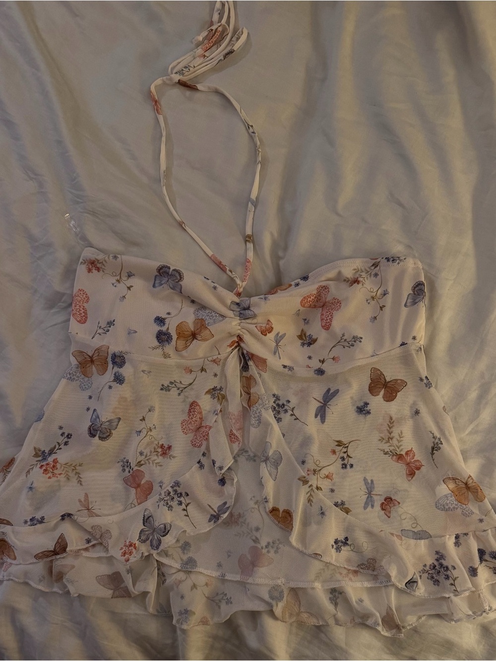 White Floral Butterfly Halter Ruffle Tank Top